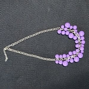 Large Silver Tone Metal Chain Necklace with Clusters of Dangling Purple Beads
